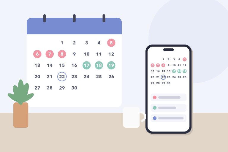 Calendário mensal com os dias do ciclo marcados